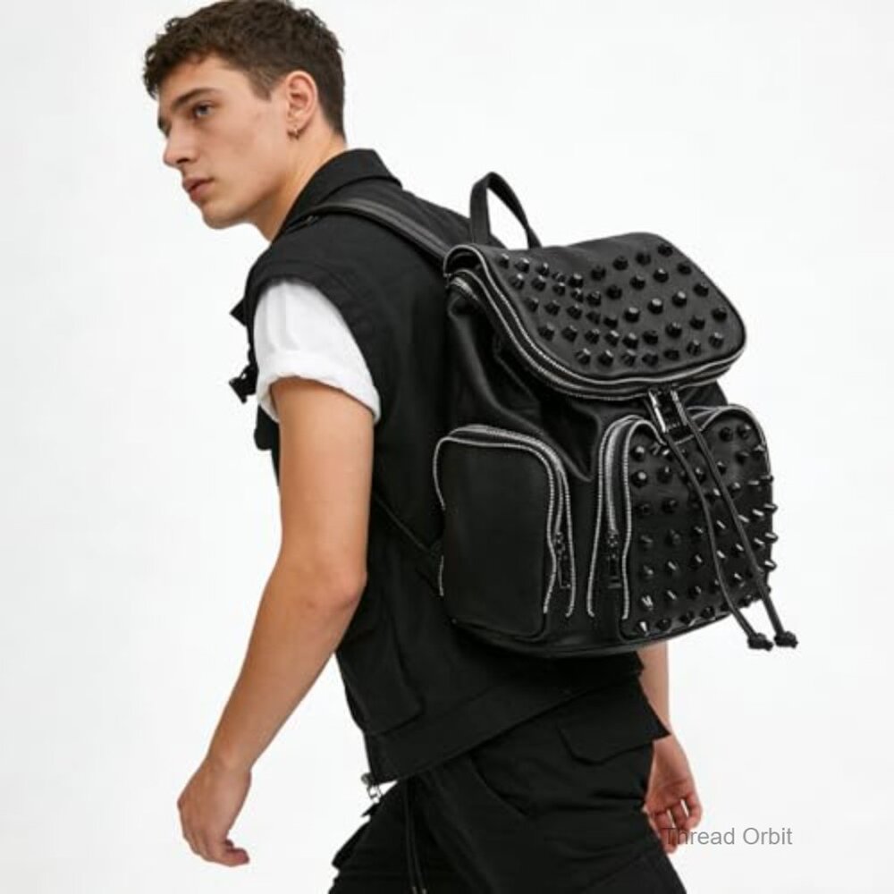 Leather Flap Rivet Backpack Unisex Daypack with Adjustable Straps - Picture 4 of 7